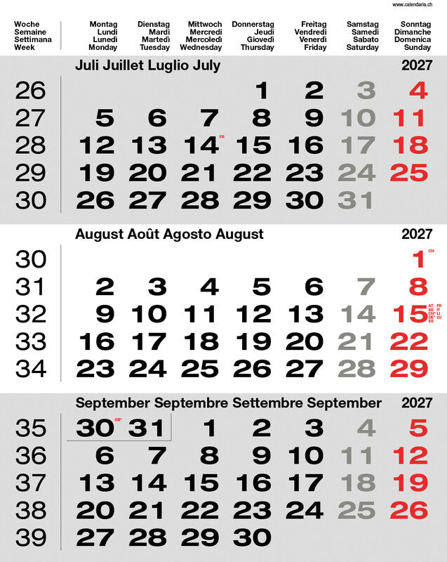 Calendaria 3-Monats-Kalender, 3 Monate pro Seite, 2027, 31 × 40 cm, d/f/i/gb, Spiralbindung, mit Datumsschieber