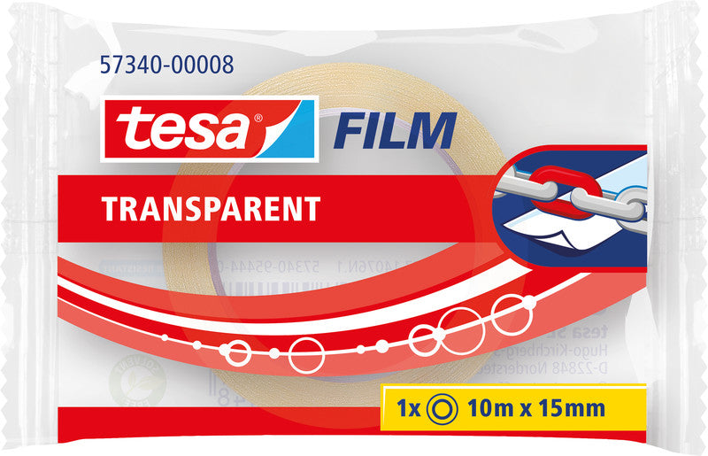 TESA Klebeband – permanent, klar, Kunststoff, 15 mm × 10 m, Kern Ø 26 mm
