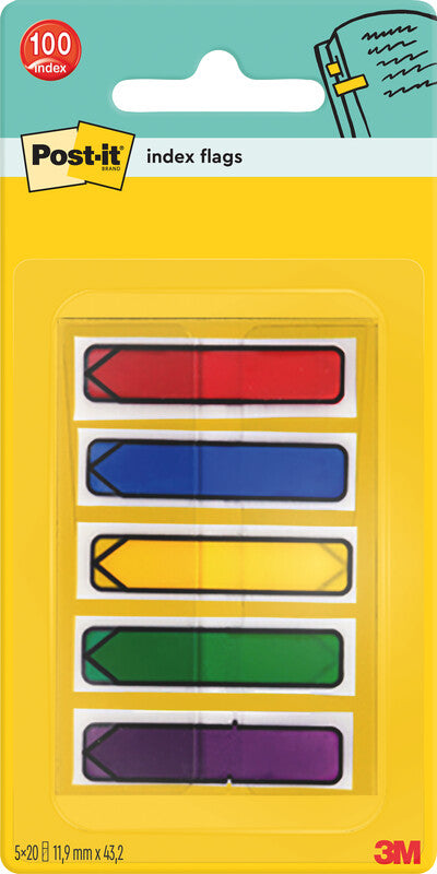 3M Post-it Indexstreifen – 11,9×43,2 mm – sortiert – 5×20 Stück, mit Dispenser, Kunststoff, Pfeil