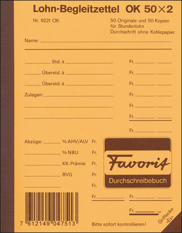 Favorit Formularblock – Zahltag-Begleitzettel, Deutsch, 50 Blatt, A6
