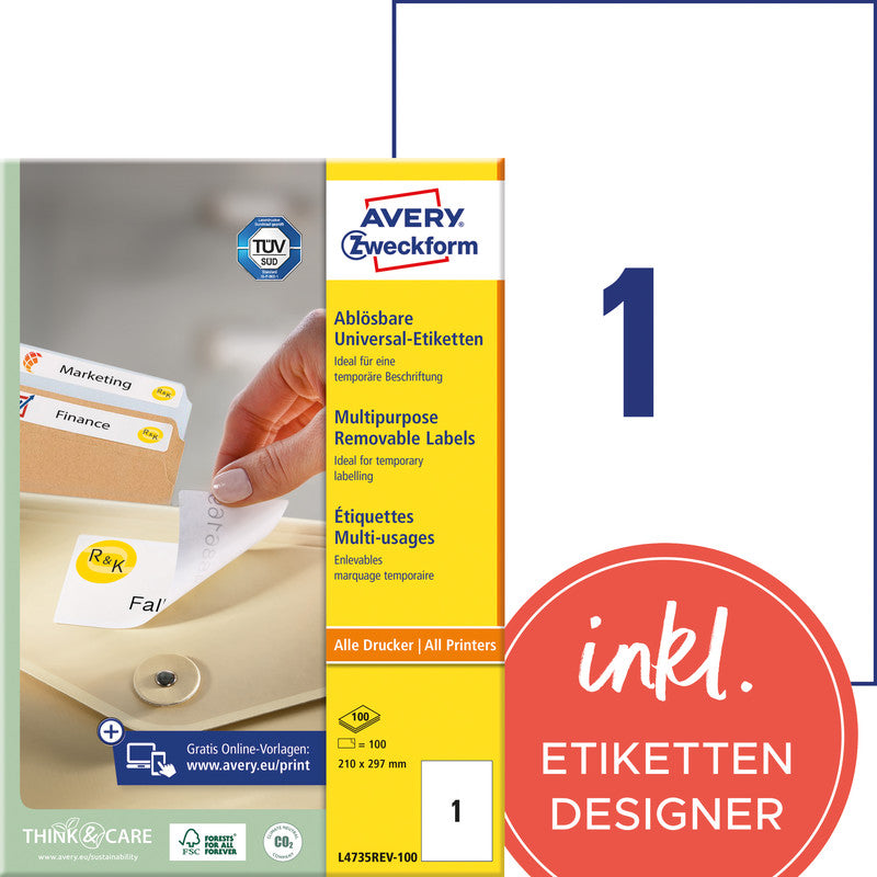 Avery Druckeretiketten, 210 mm × 297 mm, weiss, Papier, wiederablösbar, 100 Blatt