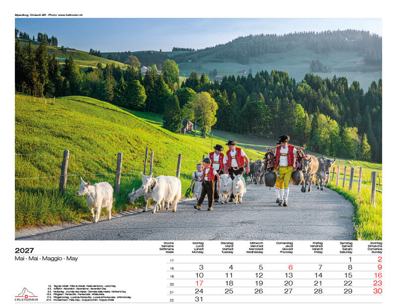 Calendaria Bildkalender Schweiz 2027 – 40 × 31 cm – Kalendarium d/f/i/e
