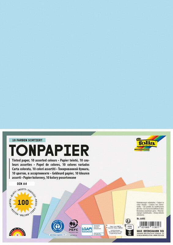 Folia Zeichenpapier A4, 130 g/m², 100 Blatt, mehrfarbig, glatt, geleimt, säurefrei, pastell
