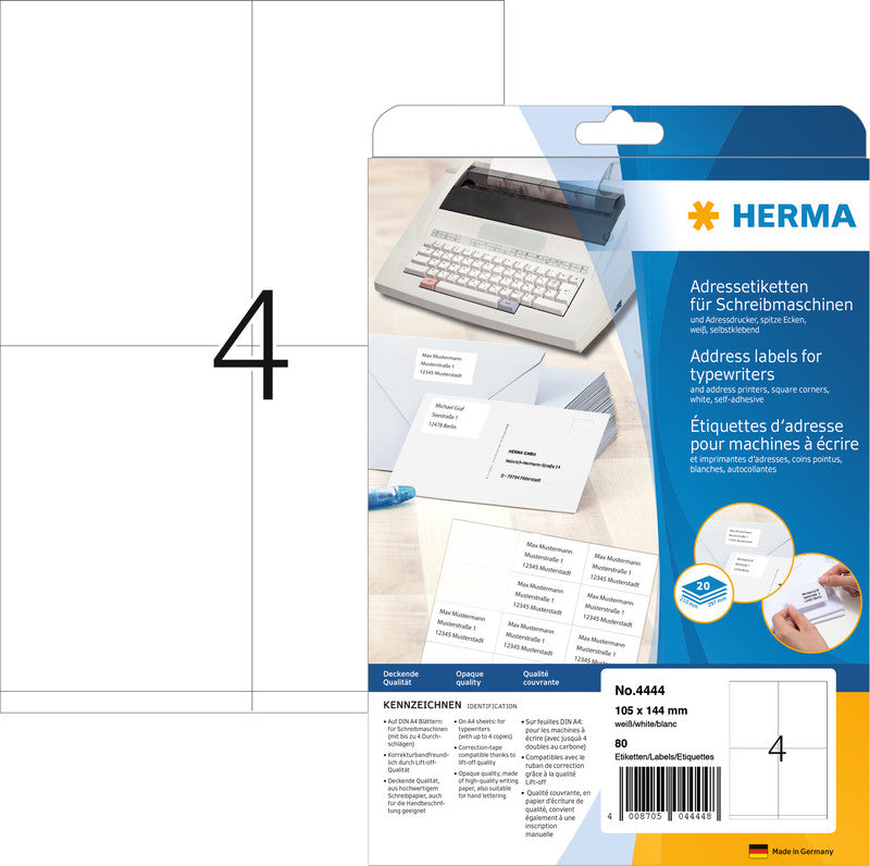 HERMA Adressetiketten, korrigierbar – für Schreibmaschinen (bis 4 Durchschläge) – 80er-Pack