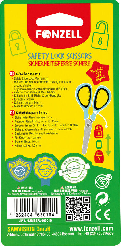 Fonzell Kinderschere – für Rechts- und Linkshänder, abgerundete Spitzen, Softgrip, Kunststoff, Hellblau