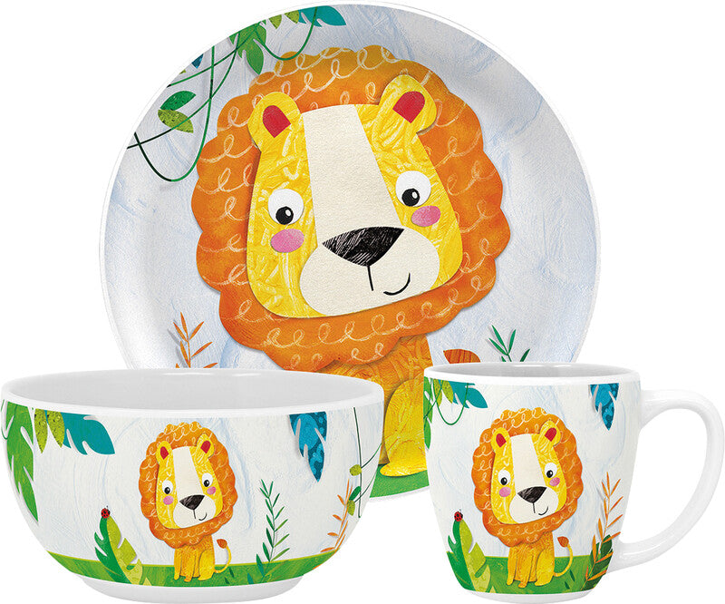 Ppd Geschirrset – New Bone China, mehrfarbig, Motiv Happy Lion, 3-teilig
