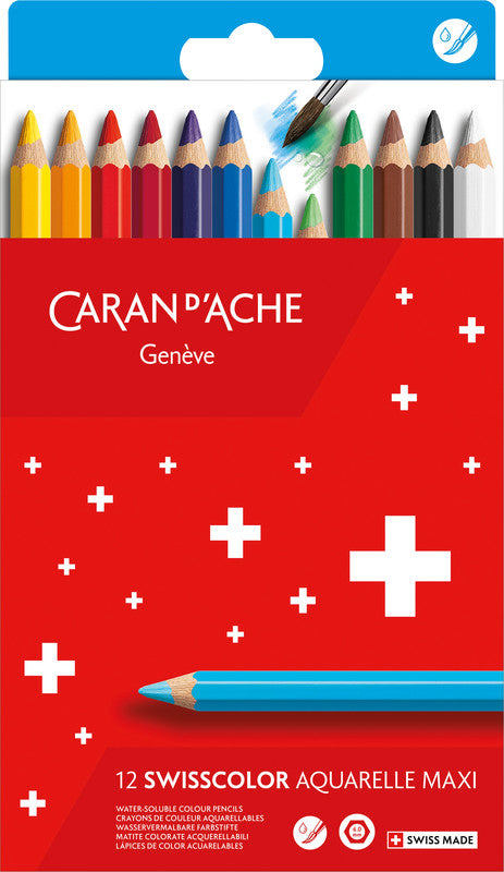 Caran d-Ache Caran d'Ache Swisscolor Aquarelle Aquarellfarbstifte-Set – 12 Farben, Mine Ø 6 mm, Kartonetui