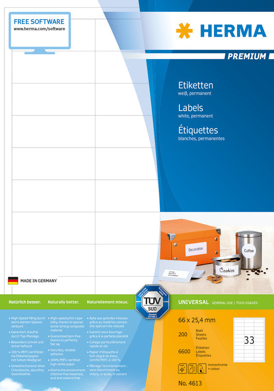 HERMA Schuletiketten – 66 × 25,4 mm, 6600 Stk, 200 Bogen, Papier, permanent haftend