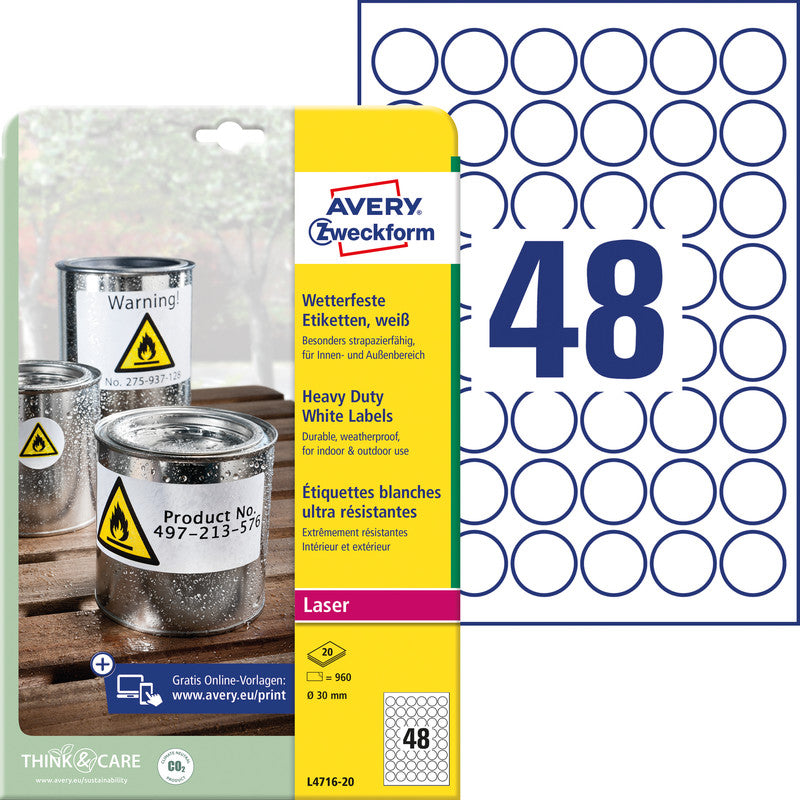 Avery Bogenetiketten, Ø 30 mm, weiss, Folie, extra stark, 20 Blatt (960 Etiketten)