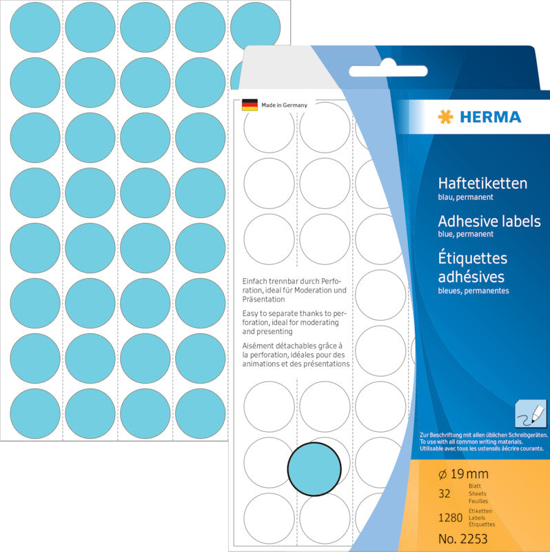 HERMA Haftetiketten – rund Ø 19 mm, permanent, blau, 111 × 170 mm, 32 Blätter (1'280 Stk.)