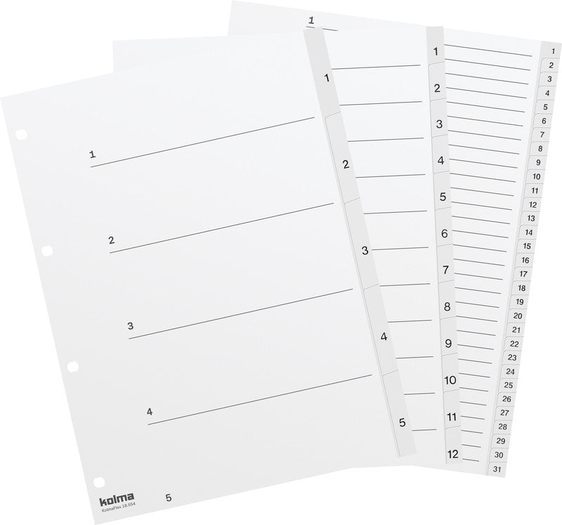 KolmaFlex Register – A4, 15-teilig, PP, weiss, vorgedruckt, 4-fach Lochung, mit Indexblatt