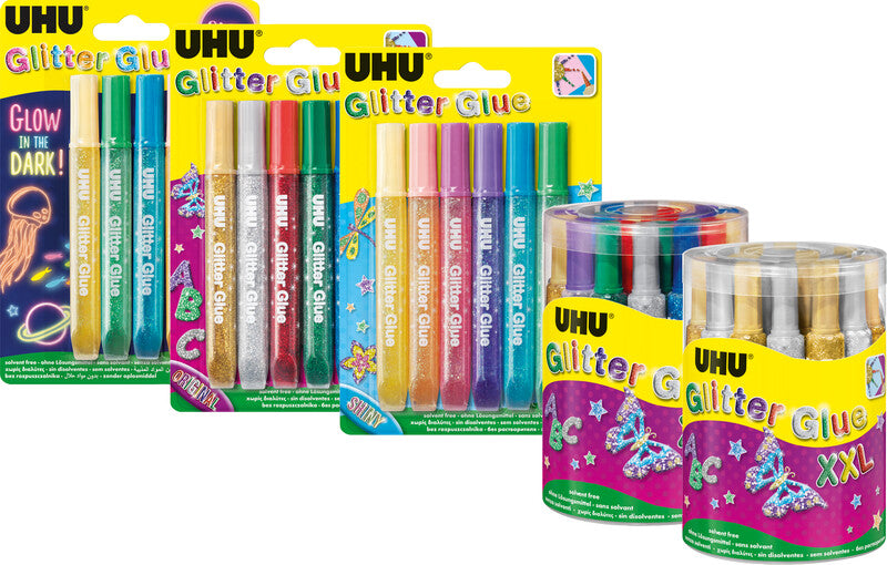 UHU Glitzerkleber Shiny – farbig sortiert – Set 6 × 10 ml – auswaschbar, lösungsmittelfrei – zum Basteln
