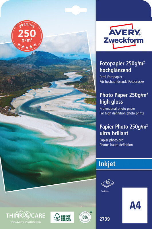 Avery Fotopapier – hochglänzend, A4, 250 g/m², 50 Blatt – für Inkjetdrucker