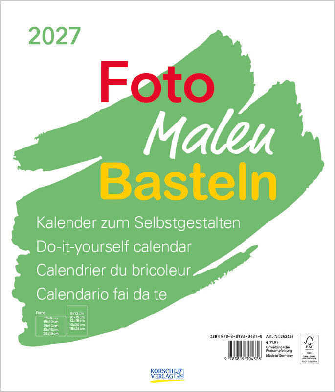 Korsch Bastelkalender 2027 – 30 × 35 cm – mit Tagesfeldern, mit Aufhänger