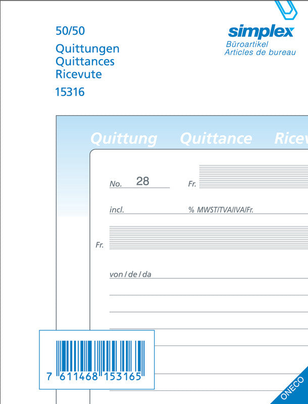 Simplex Formularblock – Quittungen, mehrsprachig, 50 Blatt, A6