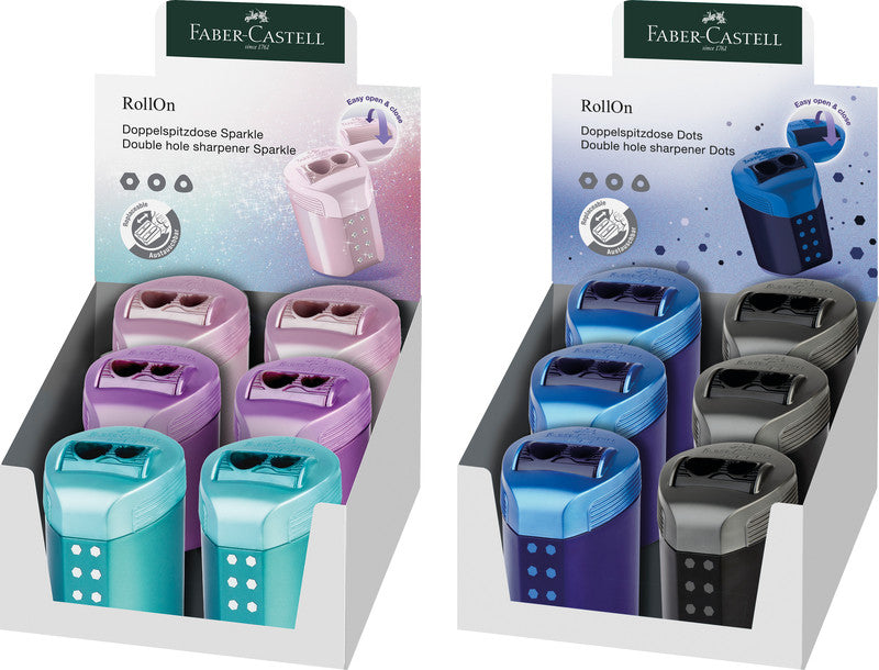 Faber-Castell Spitzer – manuell, 2-Loch, mit Behälter, für Ø 8 & 11 mm, Kunststoff, Punkte, assortiert, RollOn