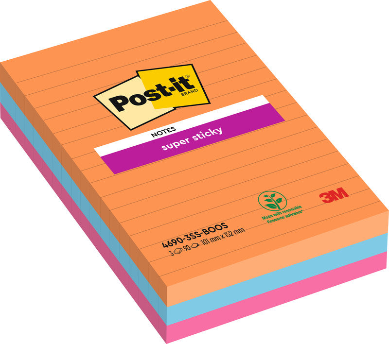 Post-it Haftnotizen Bangkok Kollektion – 101×152 mm – sortiert, 3×90 Blatt, Super Sticky, liniert, PEFC