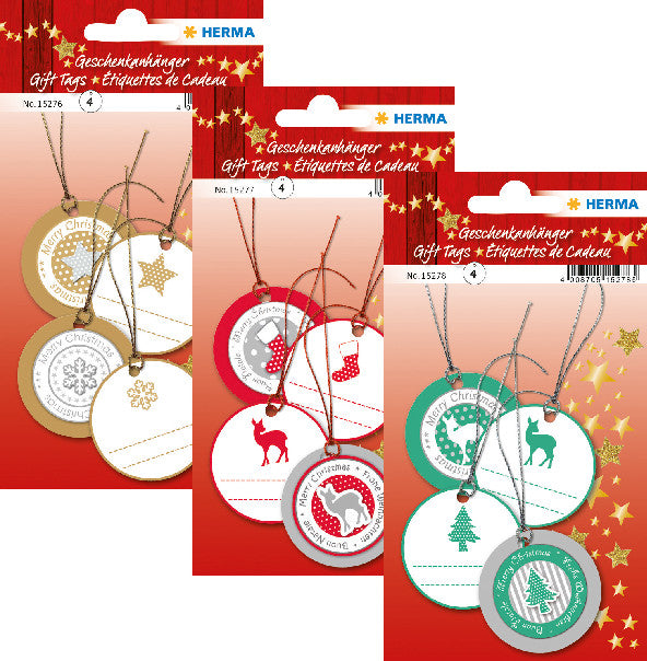 HERMA Geschenketiketten – Weihnachten – 4 Anhänger – Papier, 3D-Oberfläche – Ø 50 mm – Grün/Silber