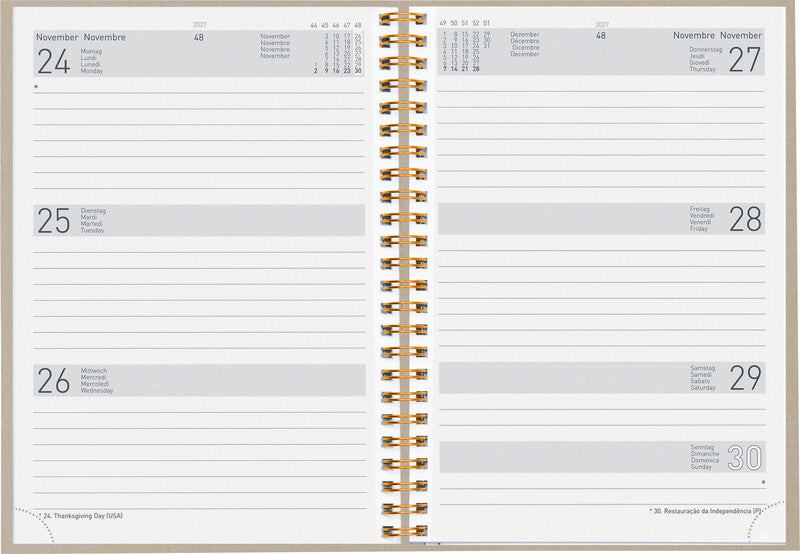 Biella Dispo Term Agenda – 1 Woche/2 Seiten, Spiralbindung, 14,5 × 20,5 cm, 2027, Natural, Hellgrau