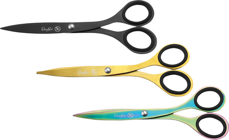 Laufer Universalschere – 17,0 cm, titanbeschichtet, für Rechtshänder, spitz, Gummigriffe, mehrfarbig