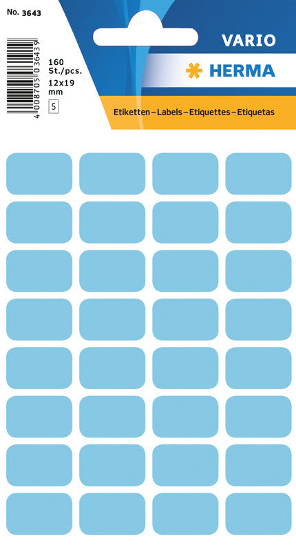 HERMA Schuletiketten – 12×19 mm, Abgerundete Ecken, 160 Stk, 5 Bogen, Papier, Permanent Haftend