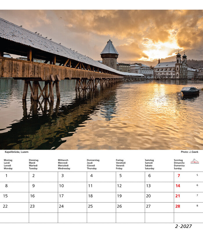Calendaria Bildkalender Schweiz 2027 – 21 × 24 cm – Kalendarium d/f/i/e