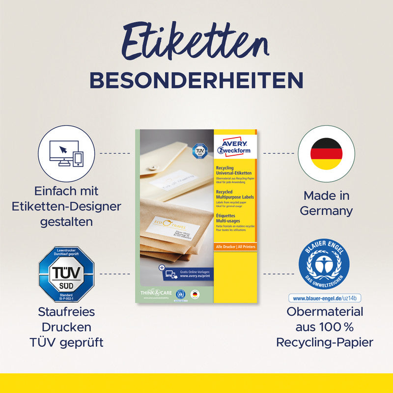 Avery Etiketten, 210 mm × 148 mm, naturweiss, Altpapier, permanent, 10 Blätter (20 Etiketten)
