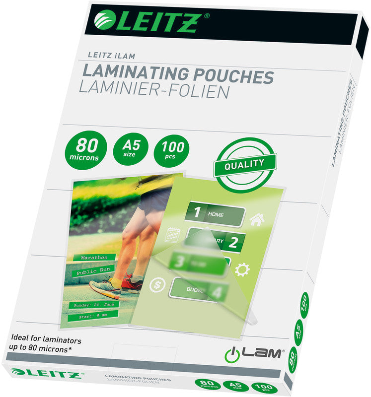 Leitz Laminierfolien A5, glänzend – 80 µm, 153 × 216 mm, 100 Stk.
