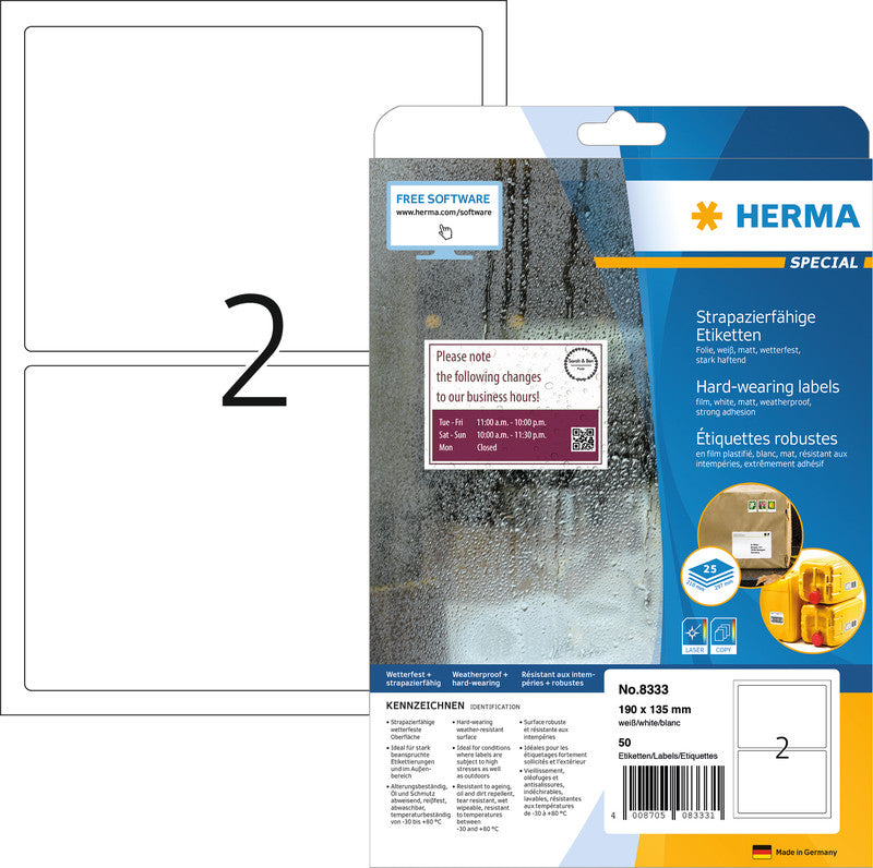 HERMA Druckeretiketten, Ø 85 mm, A4, weiss, Folie, extra stark, 25 Blätter (150 Etiketten)