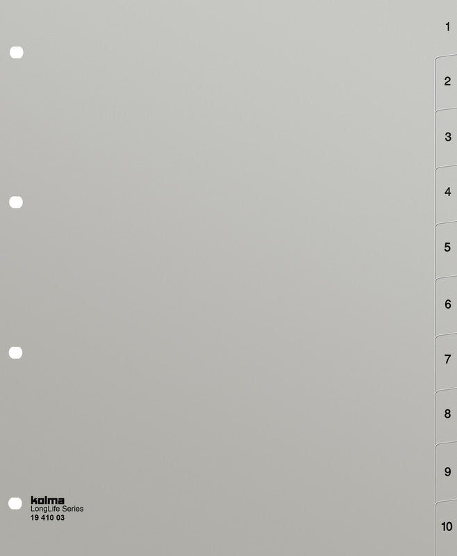 Kolma Register – A4 überbreit, 10-teilig, PVC, grau, vorgedruckt, 4-fach Lochung, für Zeigebuchtaschen