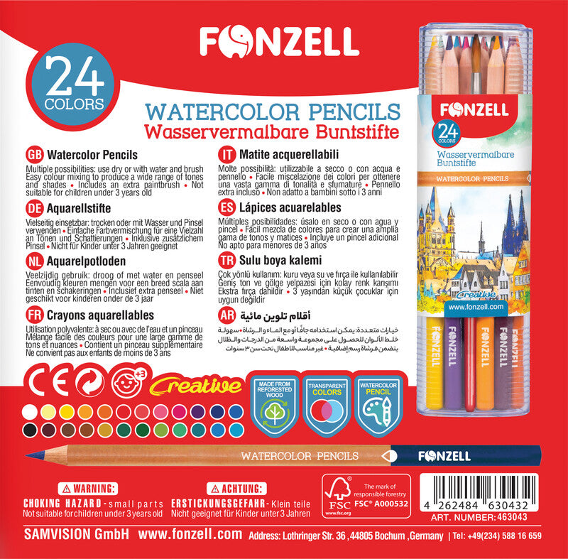 Fonzell Creative Aquarellfarbstifte-Set – 24 Farben, rund, Mine Ø 3,3 mm, Dreiecksetui, mit Pinsel