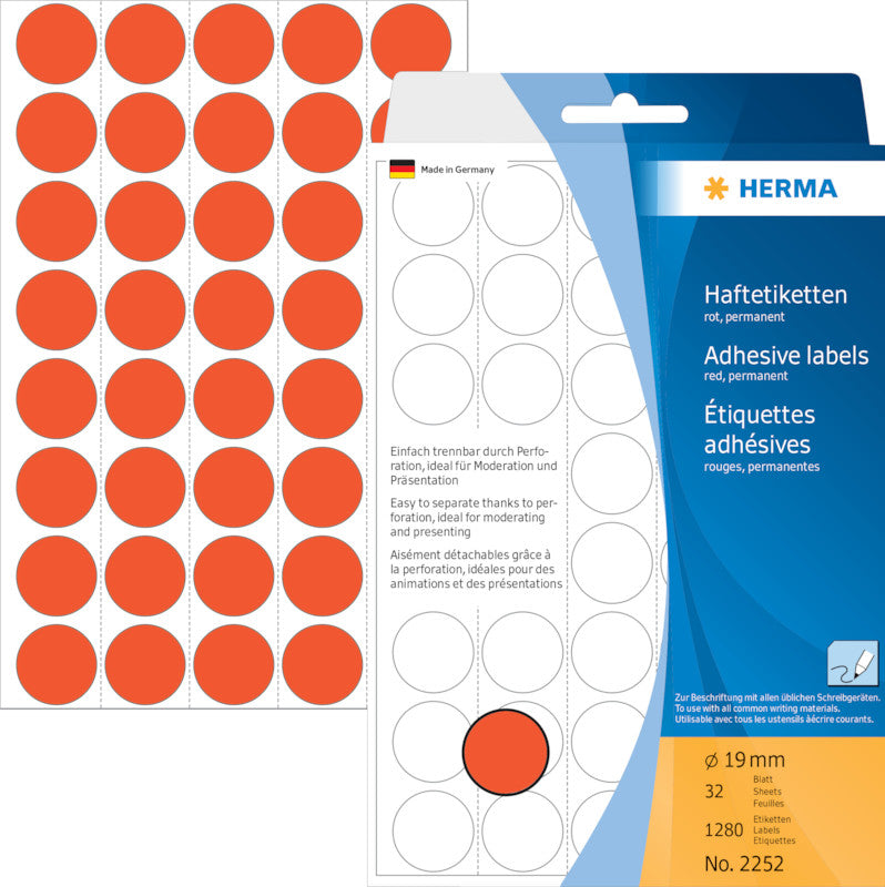 HERMA Haftetiketten – rund Ø 19 mm, permanent, rot, Bogen 111 × 170 mm, 32 Blatt (1'280 Stk.)