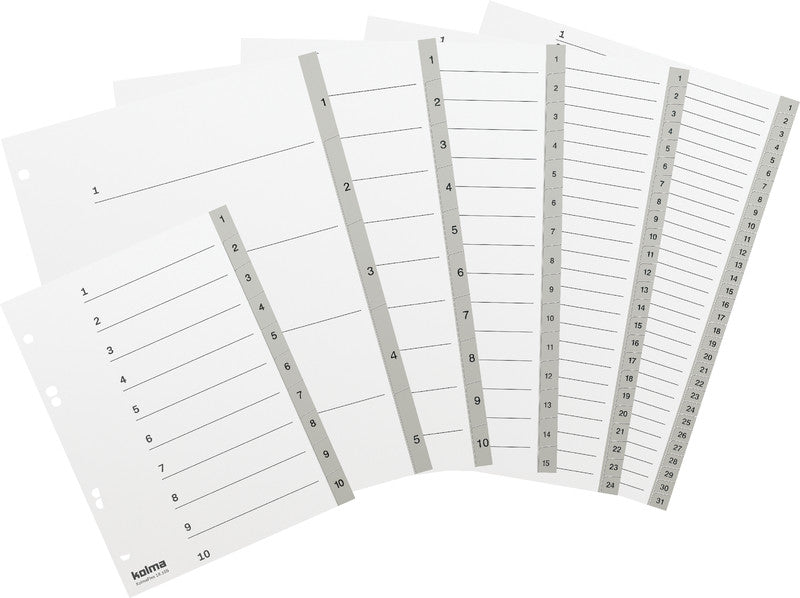 Kolma Register – 10-teilig, PP, grau, vorgedruckt, mit Indexblatt, 2-fach gelocht, für Formate bis A5
