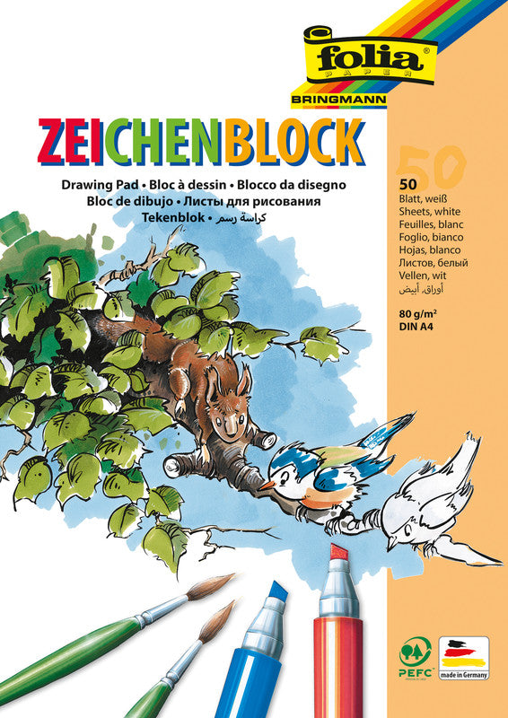 Folia Zeichenblock A4, 80 g/m², 50 Blatt, weiss, strukturiert, geleimt, holzfrei, PEFC, recyclingfähig