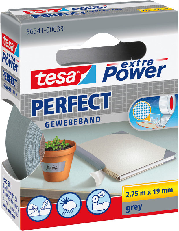 tesa Gewebeband extra Power Perfect – 19 mm × 2,75 m, grau, stark