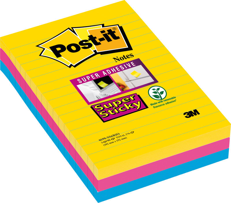 Post-it Super Sticky Haftnotizen – 101×152 mm – sortiert (ultragelb, ultrablau, ultrapink), 3×90 Blatt, PEFC
