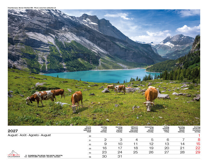 Calendaria Swiss Panorama – Bildkalender Schweiz 2027 – 40 × 31 cm – Kalendarium d/f/i/e
