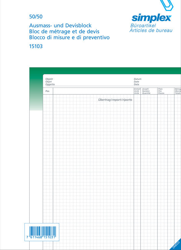 Simplex Formularblock – Devis-Ausmass, mehrsprachig, 50 Blatt, A4