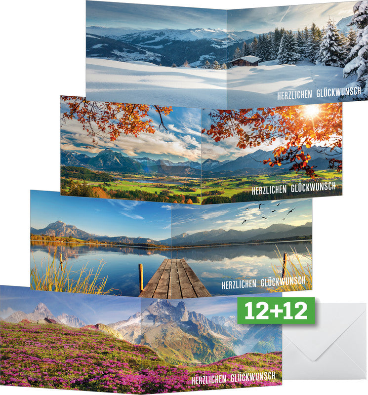 Sigel Grusskarte Berglandschaften nach Jahreszeiten – A6 (105 × 148 mm) – mit Umschlägen, deutscher Text, 12er Pack