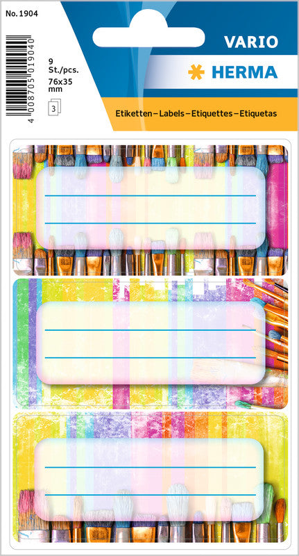 HERMA Vario Schuletiketten – Sortierte Motivdesigns – 35×76 mm, Abgerundete Ecken, 9 Stück, 3 Bögen