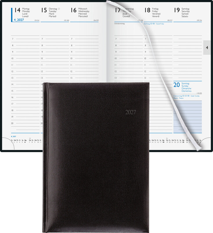 Biella Budget 7 Agenda – 1 Tag/2 Seiten, gebunden, 14,5 × 20,5 cm, 2027, 1-h-Takt, schwarz, FSC