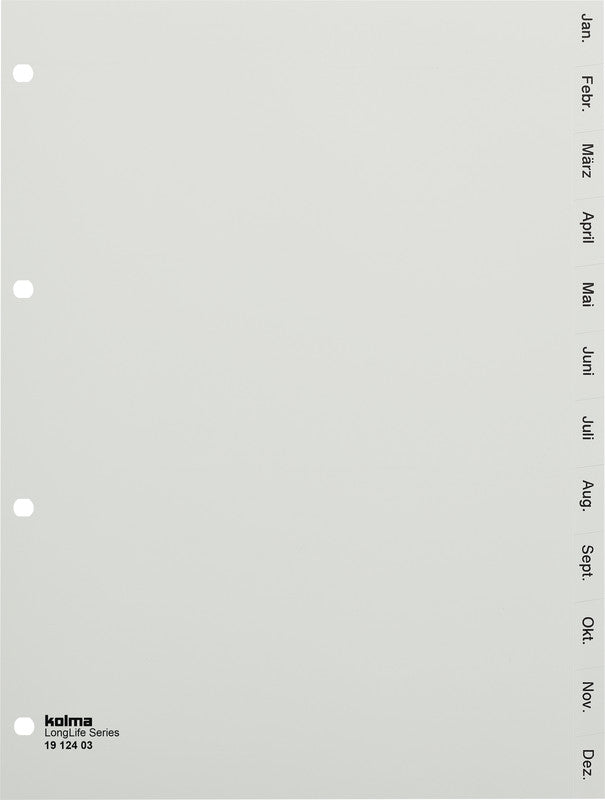 Kolma LongLife Register – A4, 12-teilig, PVC, grau, vorgedruckt, 4-fach Lochung, für A4 hoch