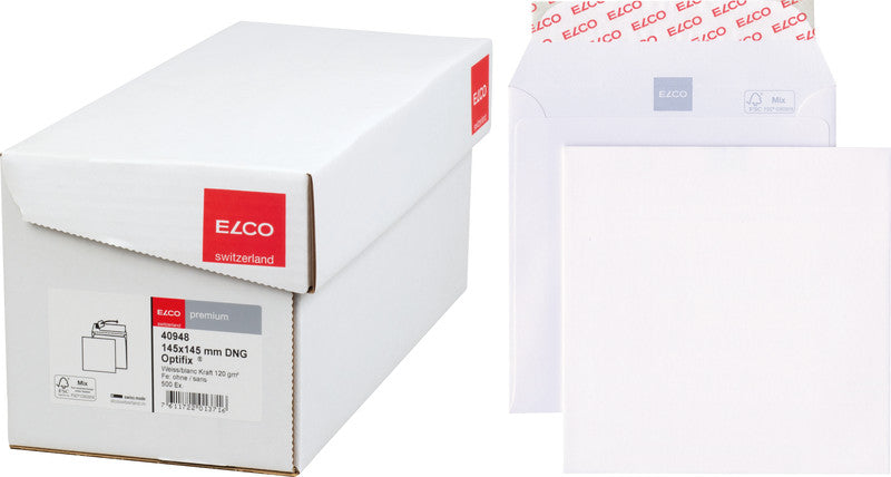 Elco Couvert 145 × 145 mm, ohne Fenster, Haftklebung, hochweiss, 120 g/m² – 500 Stk.