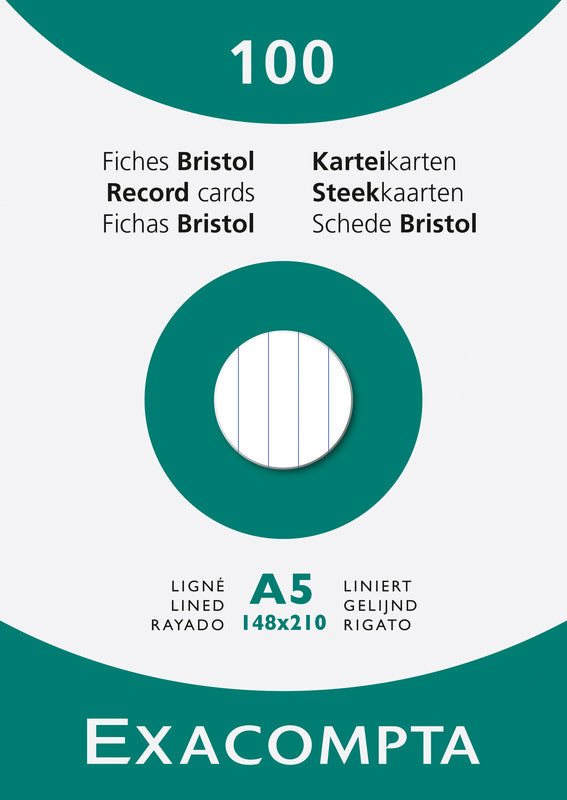 Exacompta Karteikarte A5 quer, liniert, weiss, 205 g/m², Karteikarton – 100 Stück