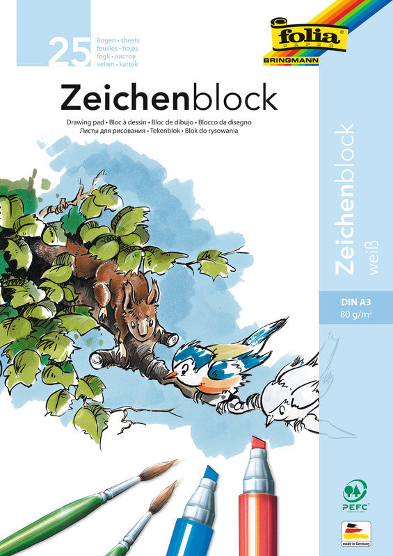 Folia Zeichenpapier A3, 80 g/m², 25 Blatt, Weiss, Strukturiert, Geleimt, PEFC, Recyclingfähig, Holzfrei