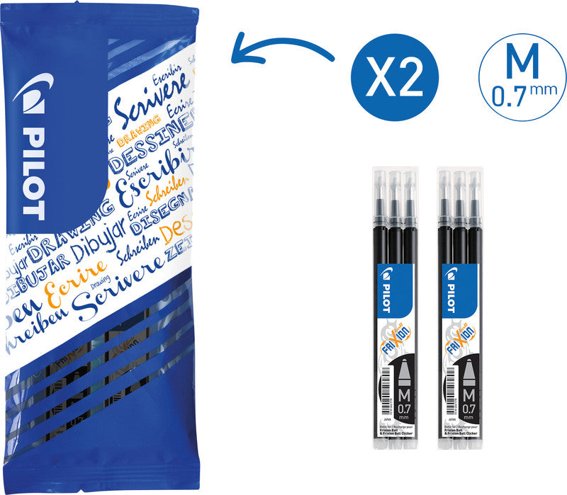 Pilot FriXion Rollerpatronen für Ball, Clicker, LX + 1 weitere – schwarz, 0,7 mm, löschbar, geruchsarm, 6 Stk.
