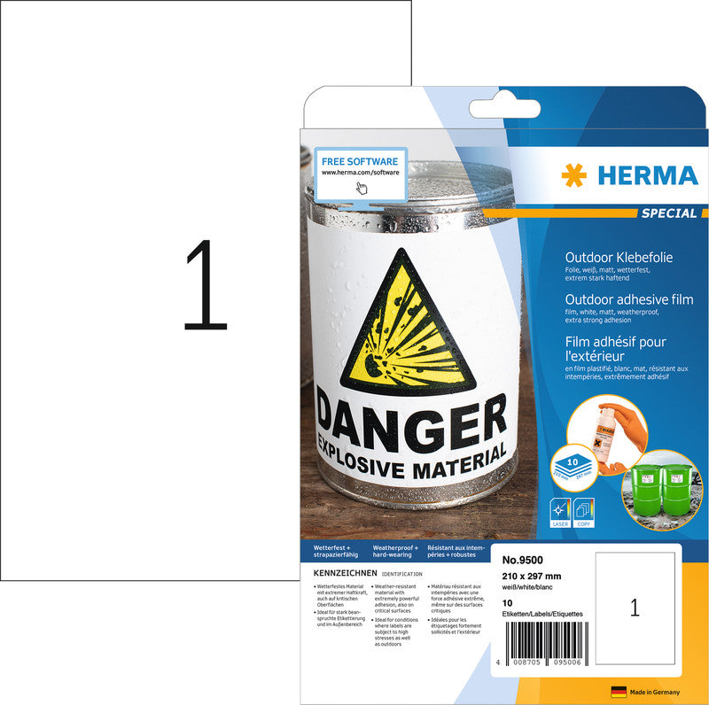 HERMA Druckeretiketten, 210 mm × 297 mm, weiss, Folie, extra stark, 10 Blatt
