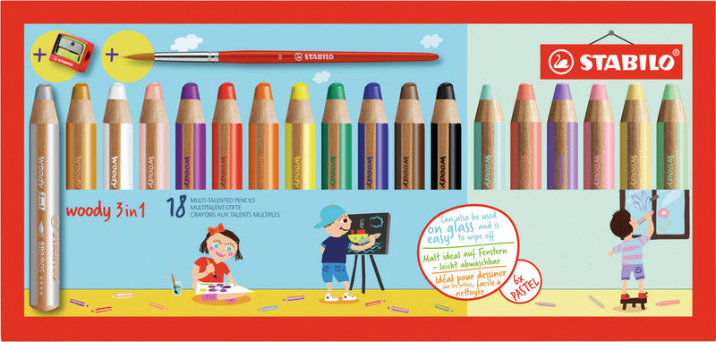 STABILO 3-in-1 Farbstifte woody – 18 Pastellfarben, im Kartonetui, mit Spitzer und Pinsel, Ø 4,2 mm, PEFC
