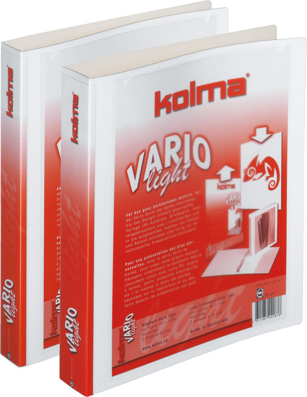 Kolma Ringbuch Vario Light – A4 Hoch – 2-Ring Bügelmechanik, Ø 30 mm – Weiss, mit Niederhalter, recyclingfähig