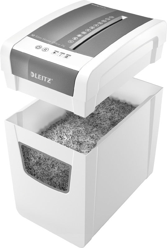 Leitz IQ Slim Home Office – Aktenvernichter, DIN P-4, Partikelschnitt 4 × 28 mm, 10 Blatt, 21 l, A4